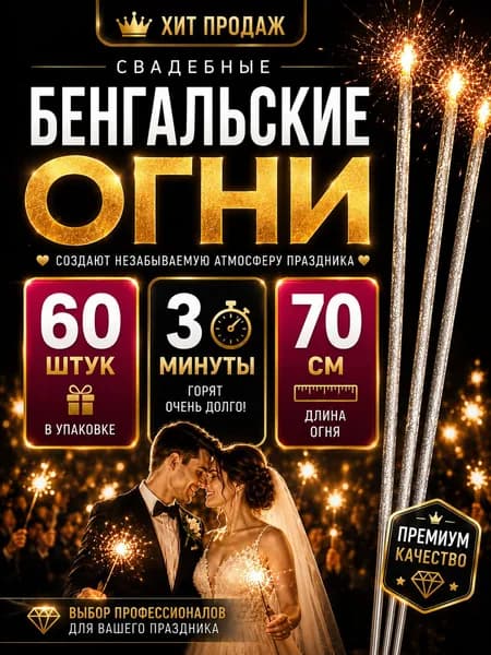 Бенгальские огни на свадьбу Большие 70 см Набор 12 упаковок, 60 штук