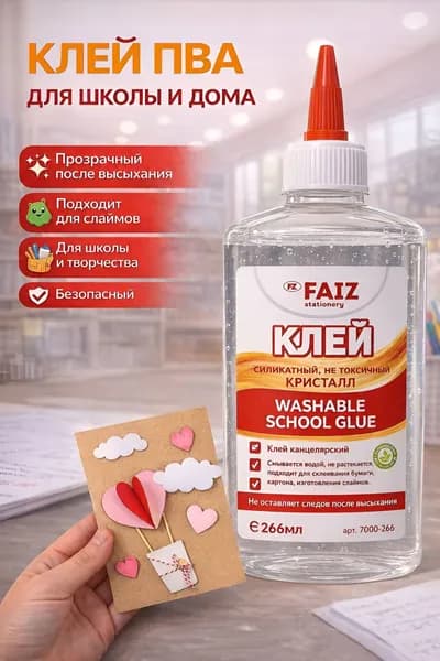 Канцелярский клей ПВА прозрачный 266 мл для слаймов, бумаги и картона