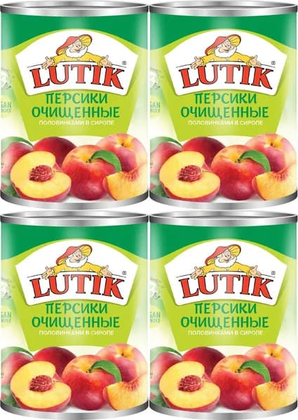 Персики Lutik половинки очищенные в сиропе, комплект: 4 упаковки по 410 г