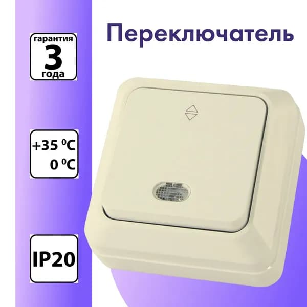 Переключатель на 2 направления одноклавишный открытой установки с подсветкой IP20 10А, сл. кость Ладога TDM