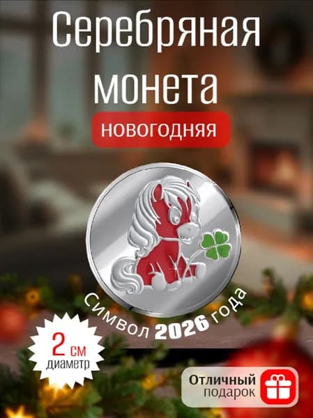 Сувенирная серебряная монета Лошадь с эмалью Символ 2026 года, серебро 925 пробы