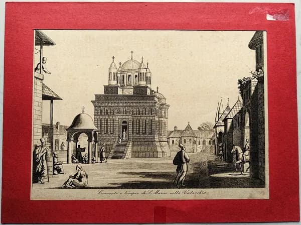 Антикварная гравюра. Монастырь и храм Святой Марии в Валахии 1820 год.