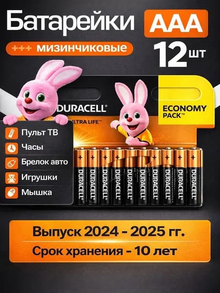 Duracell Батарейка AAA, L (щелочной) тип, 2400 мА•ч, 1,5 В, 12 шт