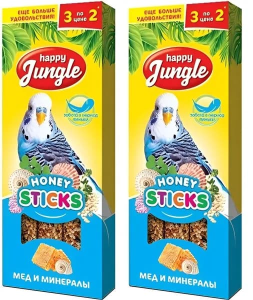 Happy Jungle Лакомство для птиц при линьке Палочки Мед и минералы, 3 шт в уп, 90 г, 2 уп