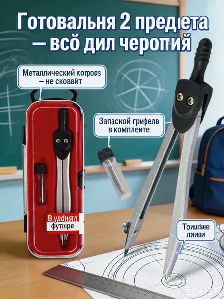 Готовальня, 2 предмета-CompassSet, циркуль школьный для черчения с запасным грифелем.