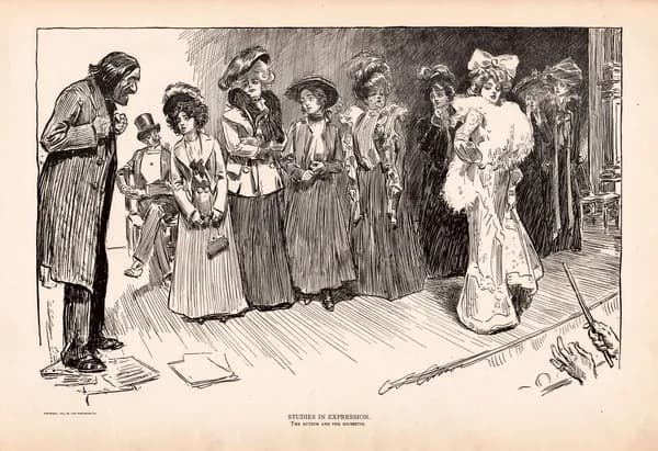 Гравюра антикварная 1906 года. В театре, кастинг на роль субретки, автор и актрисы
