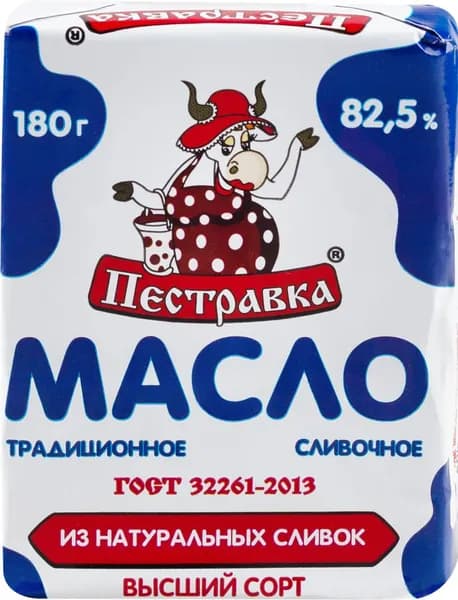 Масло сливочное ПЕСТРАВКА Традиционное 82,5%, без змж, 180г