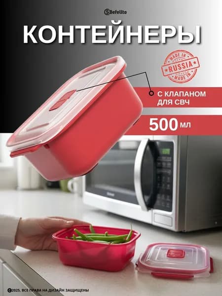 Контейнер для еды, хранения продуктов/ ланч-бокс/ органайзер для холодильника/ для заморозки овощей, ягод,грибов, зелени, красный-1 шт (объем 500мл)