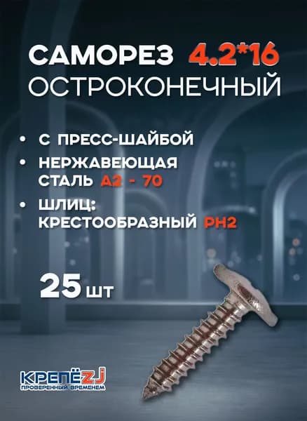 Саморез с прессшайбой 4,2*16 А2 нержавеющий острый PH2 (25 шт)