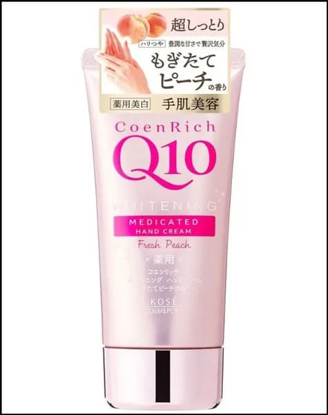 KOSE Крем для рук CoenRich Q10 Отбеливающий интенсивно увлажняющий с ароматом персика, 80 гр. туба