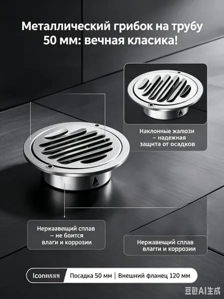 Вентиляционная решетка круглая 50 мм, металлический грибок на трубу - VentMetal-50, колпак с жалюзи для воздуховода и вытяжки