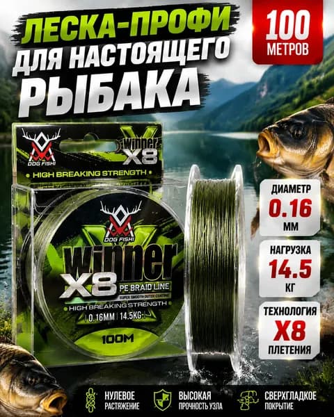 Плетенка для спиннинга X8 8 жильная 0.16 мм, плетеный шнур для рыбалки 100 м, леска для спиннинга и фидера