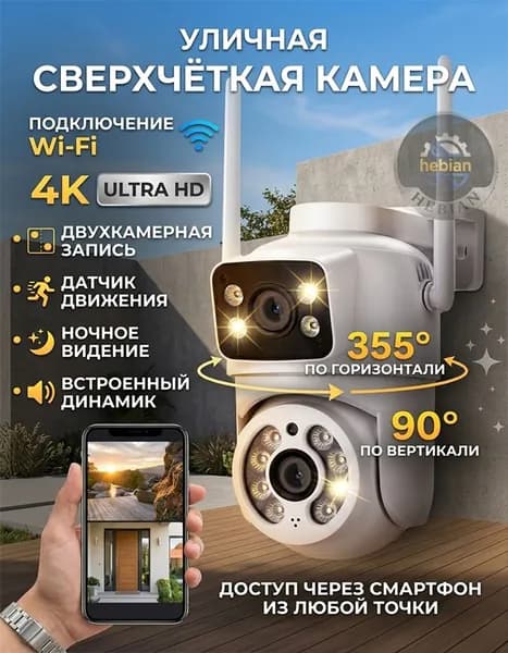Камера видеонаблюдения WiFi уличная двухобъективная с ночным видением и датчиком движения