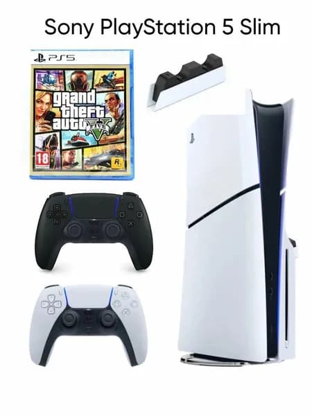 Игровая приставка Sony PlayStation 5 Slim, 1ТБ(с дисководом), 2й геймпад черный + GTA5 + зарядная станция