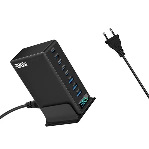 Мощная зарядная станция 380 Вт с 5 типа C и 3 USB -порт для семейного офиса, Черный