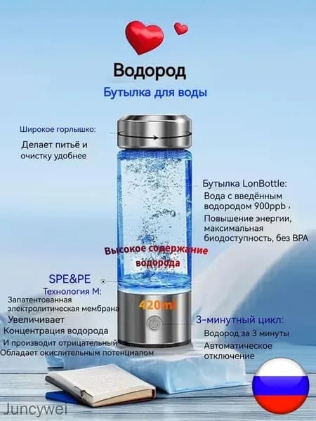 Генератор водородной воды 420 мл SPE/PEM 900ppb USB заряд без BPA