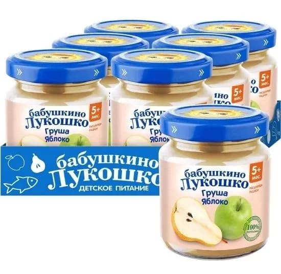 Пюре фруктовое Бабушкино лукошко Груша с Яблоком с 5 месяцев, 100 грамм * 6 штук