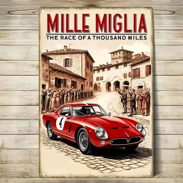 Табличка "Mille Miglia-Maxima Race", ретро-автоспорт, металл, украшение для любителей классических гонок, 20х30 см.