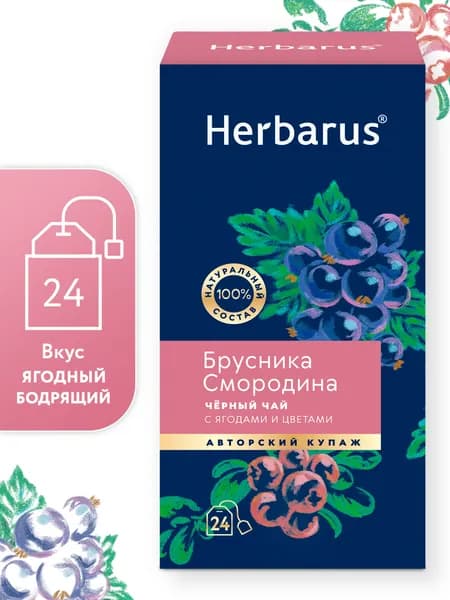 Чай черный с добавками Herbarus, Брусника Смородина, 24 пак