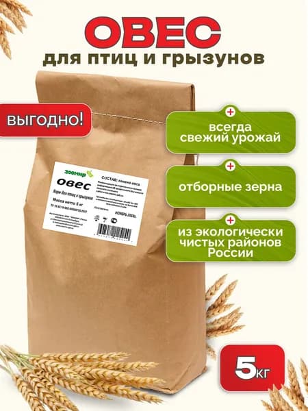 Овес - корм для птиц и грызунов, для проращивания, ЗООМИР, мешок 5 кг