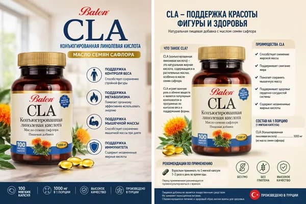 CLA 1000 мг (Конъюгированная Линолевая Кислота) из Масла Семян Сафлора, 100 Мягких Капсул Поддержка Контроля Веса и Обмена Веществ