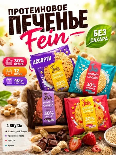 Протеиновое печенье 12 шт. 30% белка без сахара Fein "Ассорти" по 40 гр.
