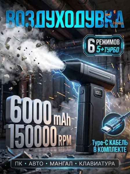 Аккумуляторная воздуходувка для розжига угля и мангала, мощный фен-обдув для костра, LED подсветка