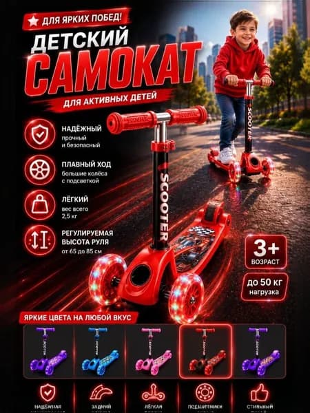 Самокат детский, красный, бордовый