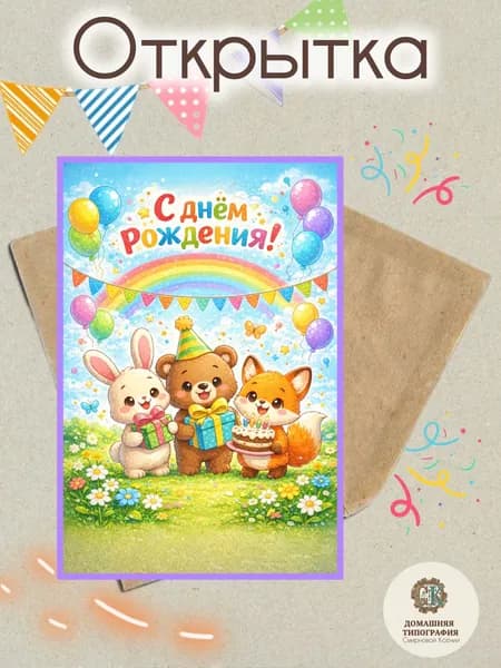 Акварельная Открытка на день рождения ЗВЕРЯТА И РАДУГА 10*15 (10на15)