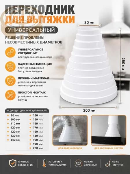 Переходное кольцо для вытяжки (редуктор), усиленное, для вытяжной трубы, нержавеющая сталь, диаметр 80-200 мм, 1 шт