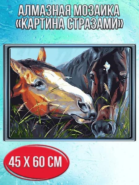 Алмазная мозаика со стразами Две лошади/Выкладка полная/Размер холста 50х65 см/Размер картинки 45х60