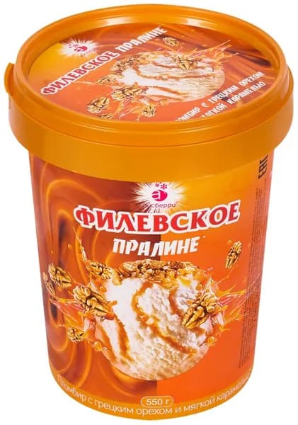 Мороженое ФИЛЕВСКОЕ Пралине с грецким орехом и мягкой карамелью 15%, без змж, ведро, 550г