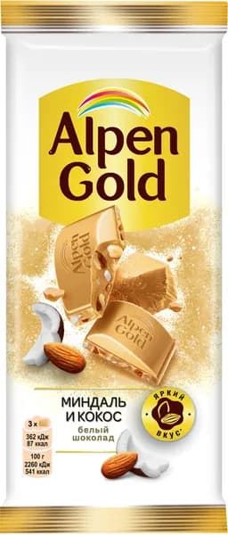 Шоколад белый ALPEN GOLD с миндалем и кокосовой стружкой, 80г