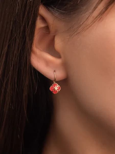 Серьги красные маки золото 585 с эмалью Костромской Ювелирный Завод