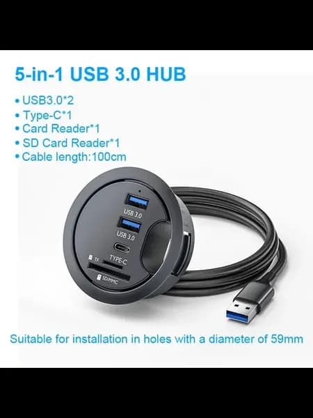 USB 3.0 хаб 5-в-1 с креплением в стол, 100см, черный