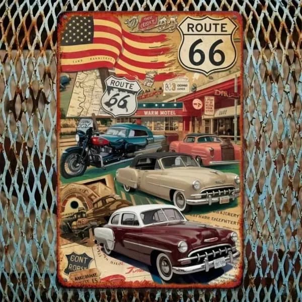 Жестяная роспись ретро-автомобиля Route 66, подходящая для оформления стен гостиной в стиле американского ретро, гаража, зоны отдыха на автомобильную тематику