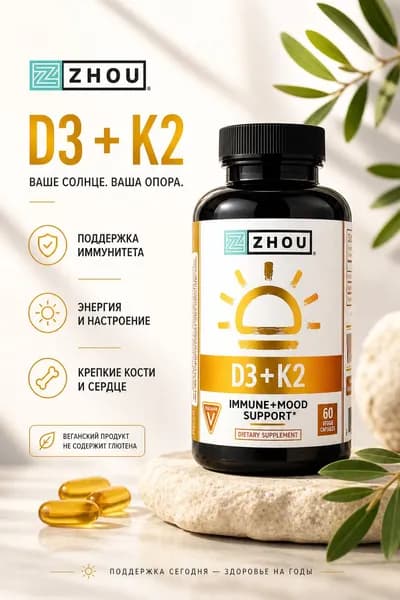 Zhou Nutrition D3+K2 витамин D3 и К2 60 капсул