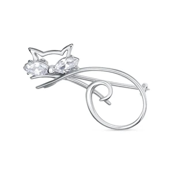 Брошь Кошка из серебра 925 с фианитами платинирование Б13815130Пл