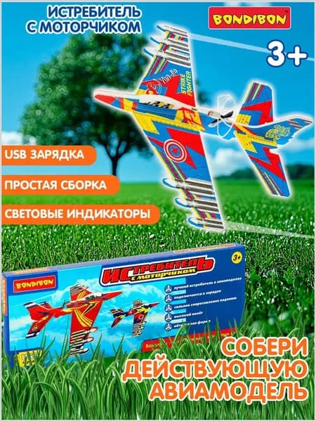 Самолёт ИСТРЕБИТЕЛЬ с моторчиком , сборная модель, аккумуляторный, синий
