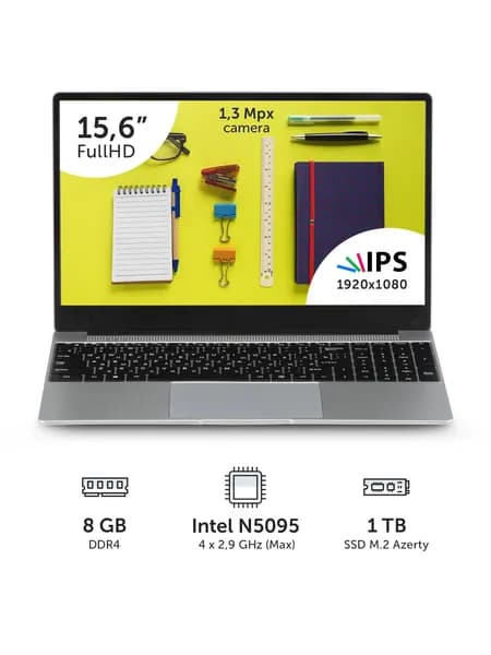 Azerty RB-1550 Ноутбук 15.6", Intel Celeron N5095, RAM 8 ГБ, SSD 1024 ГБ, Intel UHD Graphics, Windows Pro, серебристый, Русская раскладка