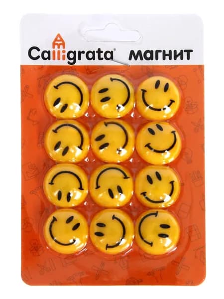 Магниты Calligrata "Смайл" для доски, набор магнитных держателей для маркерных досок, витрин и флипчартов, диаметр 2 см, на блистере, 12 шт.