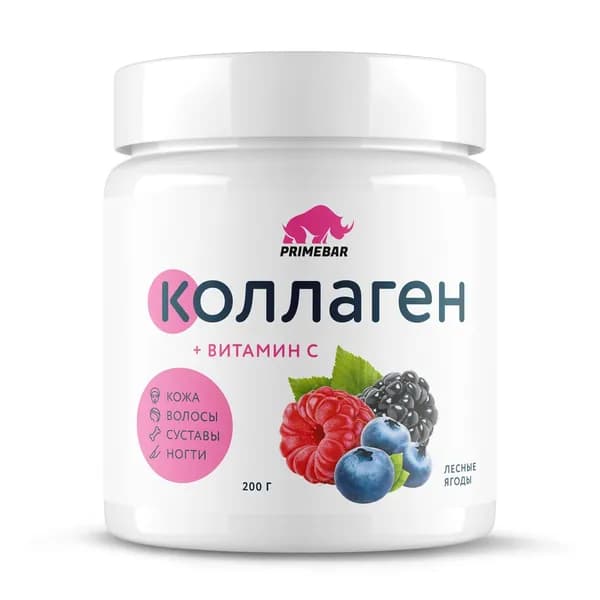 PRIMEBAR Коллаген говяжий 1 и 3 типа с гиалуроновой кислотой и Витамином С (лесные ягоды), порошок 200 г (33 порции)