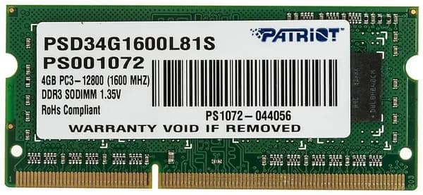 Patriot Memory Оперативная память Память DDR3L 4Gb 1600MHz Patriot PSD34G1600L81S RTL PC3-12800 CL11 SO-DIMM 204-pin 1.35В dual rank