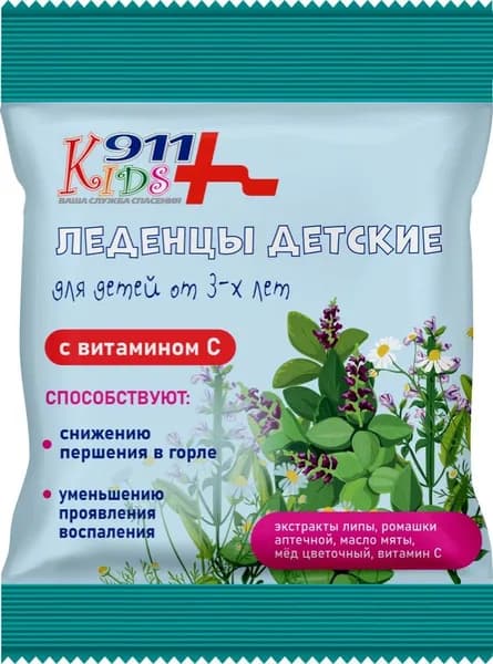 911 Kids леденцы детские с экстрактами липы ромашки аптечной медом и витамином с 50 гр леденцы