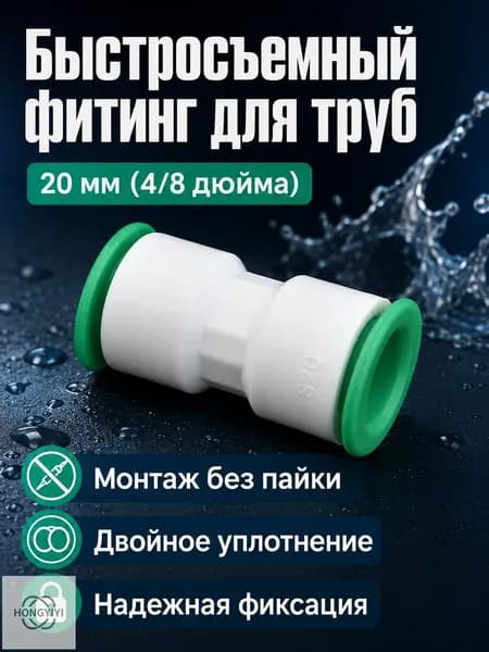 Быстроразъемное соединение для труб PPR 20 мм (1/2 дюйма), прямое с быстросъемными концами, белое