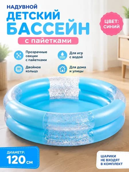 Надувной детский бассейн с прозрачными секциями и паетками двойной кольцевой, синий