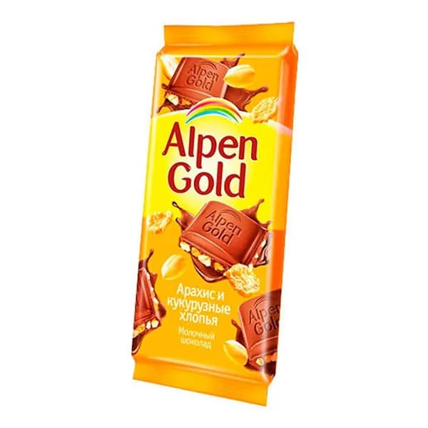 Шоколад Alpen Gold молочный с арахисом и кукурузными хлопьями 90 г