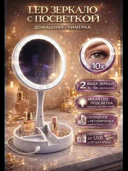 Зеркало настольное с подсветкой двустороннее увеличительное
