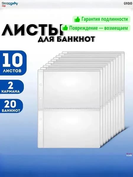 Для 2 банкнот/OPTIMA листов/подкладки, хранение банкнот и марок, каждая клетка вмещает 2 банкноты, размер клетки 213x149 мм, комплект из 10 штук, размер 310x230 мм, материал PP
