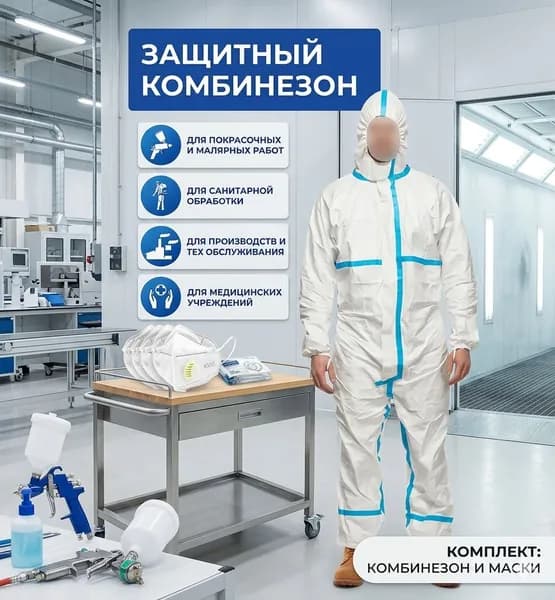 Одноразовый комбинезон, защитный костюм, химзащитный для маляра, пейнтбола, опрыскивания, ремонта.. Спецодежда, рост 180/2XL